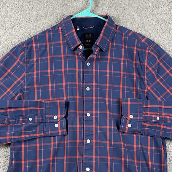 Under Armour Plaid Button Down Shirt Navy Red Women’s Size Large - Picture 1 of 8